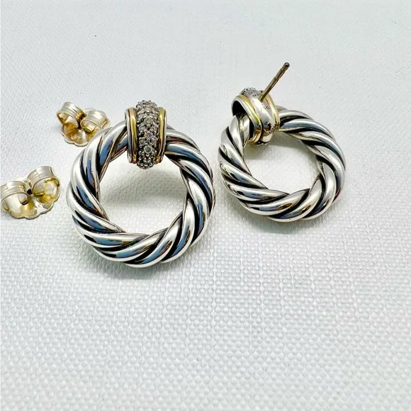 David Yurman Sterling Silver 18k Diamond Cable Door Knocker Earrings - Picture 10 of 12